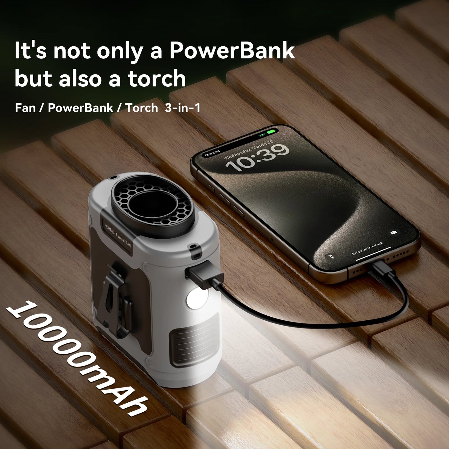 Multi-Purpose Waist Fan with Power Bank and Torch